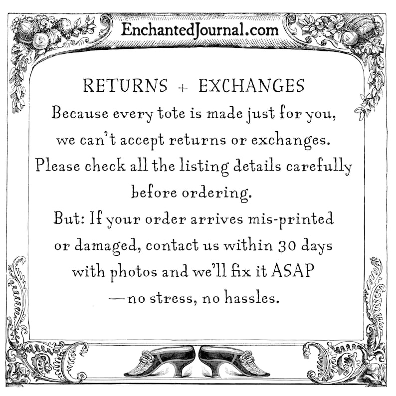 Puede incluir: Gr&aacute;fico en blanco y negro con el texto &laquo;RETURNS + EXCHANGES&raquo; y &laquo;EnchantedJournal.com&raquo;. El texto explica la pol&iacute;tica de devoluciones de los bolsos, indicando que no se aceptan devoluciones ni cambios.