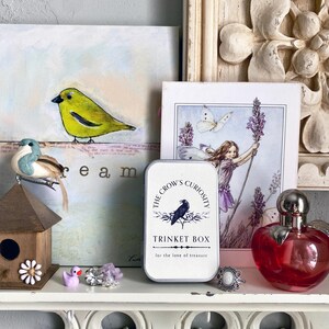 Puede incluir: Una estanter&iacute;a blanca exhibe varios objetos decorativos. Se ven una peque&ntilde;a casa para p&aacute;jaros, un patito de goma morado y un anillo de plata. Tambi&eacute;n hay una caja de baratijas de metal con una ilustraci&oacute;n de cuervo y el texto "The Crow's Curiosity".
