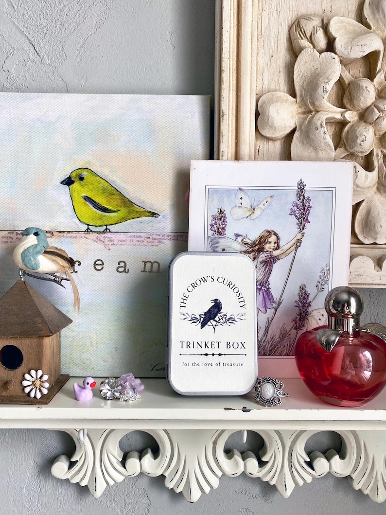 Puede incluir: Una estanter&iacute;a blanca exhibe varios objetos decorativos. Se ven una peque&ntilde;a casa para p&aacute;jaros, un patito de goma morado y un anillo de plata. Tambi&eacute;n hay una caja de baratijas de metal con una ilustraci&oacute;n de cuervo y el texto "The Crow's Curiosity".