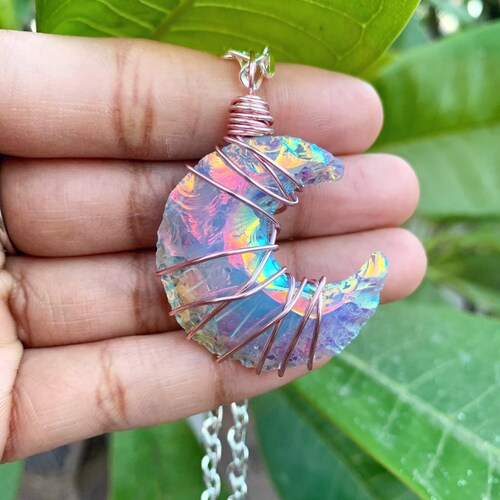 wire wrapped angel aura moon necklace.