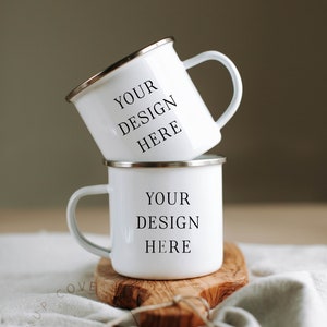2 Camping Mugs Mockup, Enameled Mugs mockup, Two camper mugs, Coffee mugs mockup, Tea mugs mockup, White enameled mugs, fall autumn cozy mug