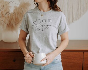 Sport Grey Gildan 5000 Mockup, Frontside Gildan Tshirt Mock-up, Grey T-shirt mockup, Lifestyle Tshirt model mockup