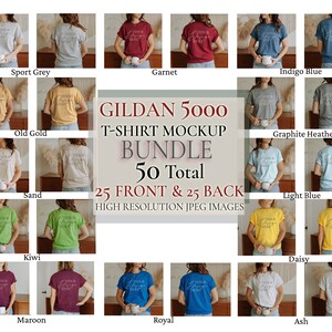 May include: A set of 50 Gildan 5000 t-shirt mockups, featuring 25 front and 25 back views. The shirts are shown in a variety of colors, including sport grey, old gold, sand, kiwi, garnet, indigo blue, graphite heather, light blue, daisy, maroon, royal, and ash.