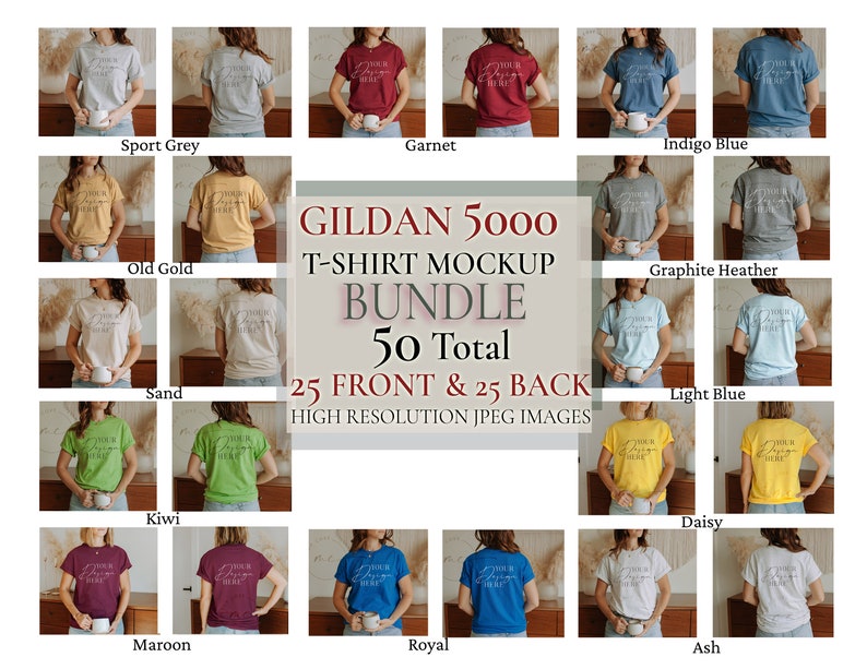 May include: A set of 50 Gildan 5000 t-shirt mockups, featuring 25 front and 25 back views. The shirts are shown in a variety of colors, including sport grey, old gold, sand, kiwi, garnet, indigo blue, graphite heather, light blue, daisy, maroon, royal, and ash.