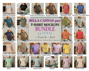 Bella Canvas 3001 Bundle, Mockup Bundle, Bella Canvas 3001 Front and Back T-Shirt Mockup Bundle, Bella Canvas Bundle 54 Mockups