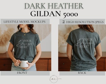 Dark Heather Gildan 5000 Mockup Front and Back, Gildan Tshirt Mockup, Gildan front and back mockup, Lifestyle model mockup