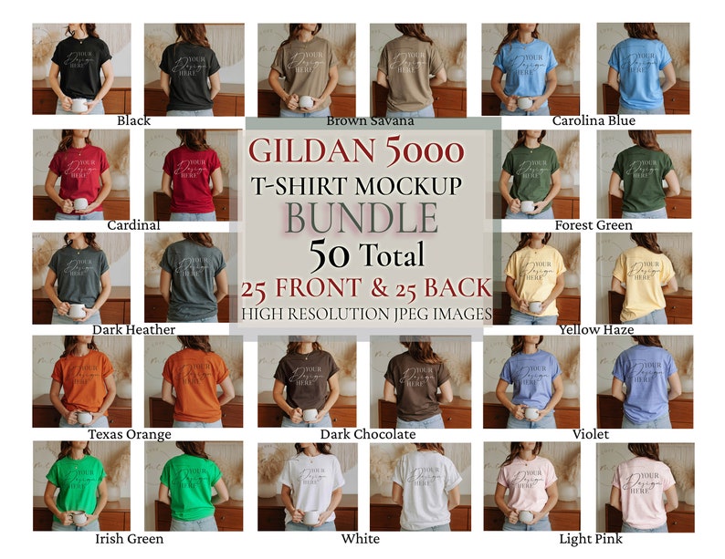 May include: A mockup bundle of 50 Gildan 5000 t-shirts in various colors, including black, cardinal, dark heather, brown savanna, carolina blue, forest green, yellow haze, texas orange, dark chocolate, violet, irish green, white, and light pink. The shirts are shown on models holding a mug in front of a wooden background.