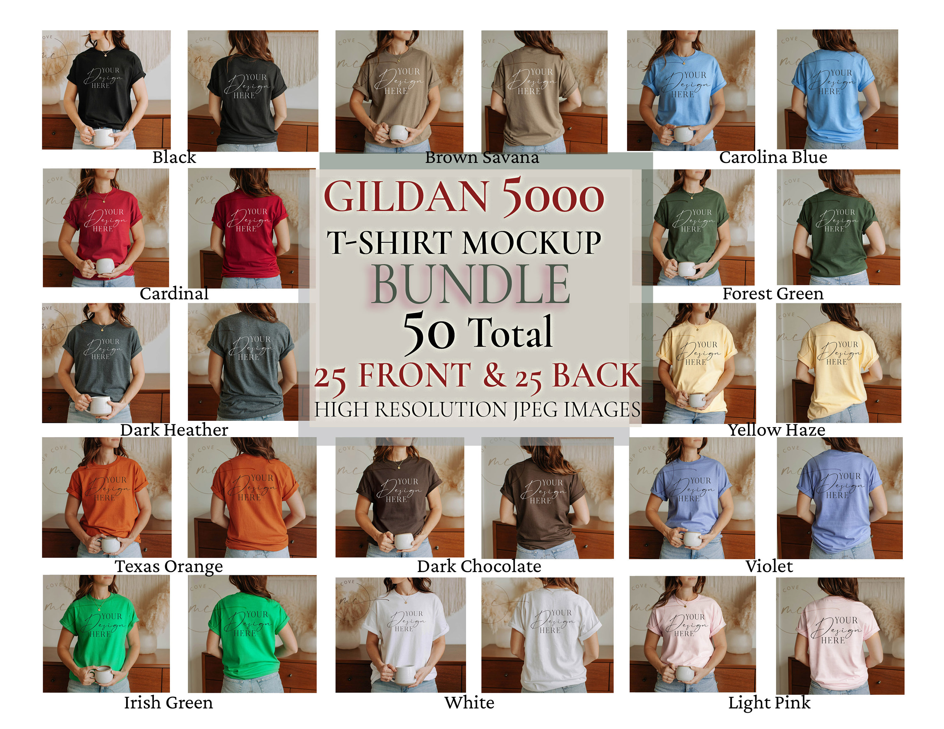 Bundle Gildan 5000 Mockup, Gildan 5000 Front and Back T-Shirt Mockup Bundle, Gildan Bundle 50 Mockups, cozy vibes mockups