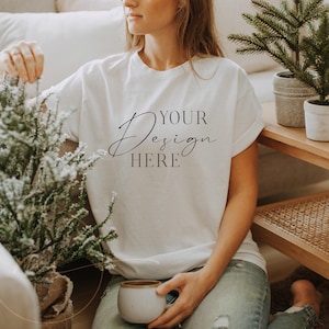 White Gildan T-shirt Christmas Mockup, White Gildan 5000 T-shirt Mockup, Christmas Gildan Shirt Mockup, Holiday Shirt Mockup
