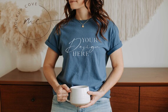 Indigo Blue Gildan 5000 Mockup, Frontside Gildan Tshirt Mock-up, Lifestyle Tshirt model mockup, Gildan 5000 Heavy Cotton Tshirt
