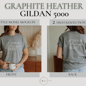 Graphite Heather Gildan 5000 Mockup Front and Back, Gildan Tshirt Mockup, Gildan front and back mockup, Lifestyle model mockup