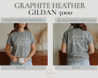 Graphite Heather Gildan 5000 Mockup Front and Back, Gildan Tshirt Mockup, Gildan front and back mockup, Lifestyle model mockup