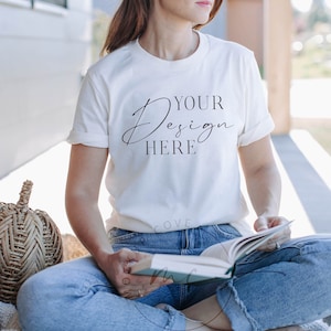 Fall Bella Canvas 3001 White tshirt mockup, Autumn shirt mockup, Fall White Tshirt