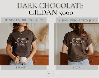 Dark Chocolate Gildan 5000 Mockup Front and Back, Gildan Tshirt Mockup, Gildan front and back mockup, Lifestyle model mockup