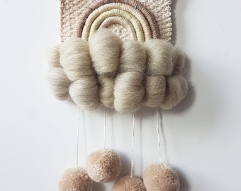 Neutral pompom rainbow cloud woven wallhanging nursery wall decor