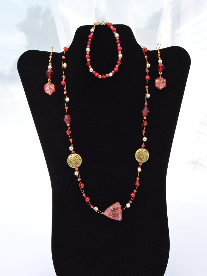 red beads red crystals red jewelry wedding jewelry red necklace red bracelet Red Floating Necklace Set red earrings red pearls