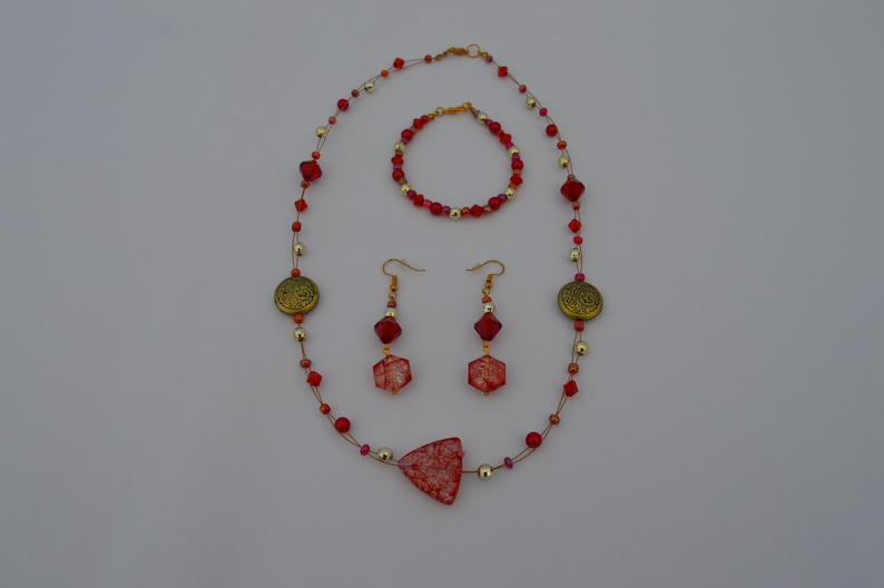 red beads red crystals red jewelry wedding jewelry red necklace red bracelet Red Floating Necklace Set red earrings red pearls