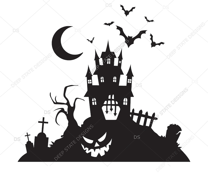 May include: Black and white silhouette of a haunted house with a crescent moon, bats, a graveyard, and a jack-o-lantern.