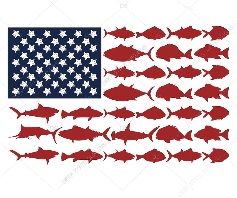 Pu&ograve; includere: Un design di bandiera americana con silhouette di pesci rossi disposte in file per formare le strisce della bandiera. Il campo blu delle stelle &egrave; nell'angolo in alto a sinistra.