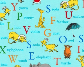 Blue Dr Seuss Characters ABC Cotton Fabric by the Yard