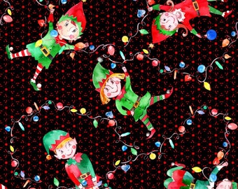 Christmas Fabric - Elf Dance On Black Fabric, Fabric By The Yard, 100% Cotton