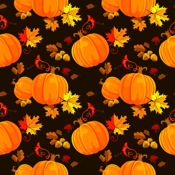 Pumpkin Spice on Black, Thanksgiving Fabric, 100% Quilt Cotton