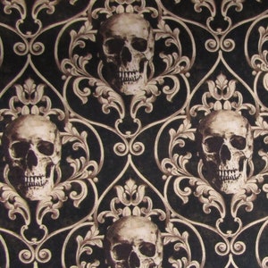 Deja Boo! Skull Damask Black by Blank Quilting, 100% quilt cotton, Fabric by the Yard, Satin Moon Designs