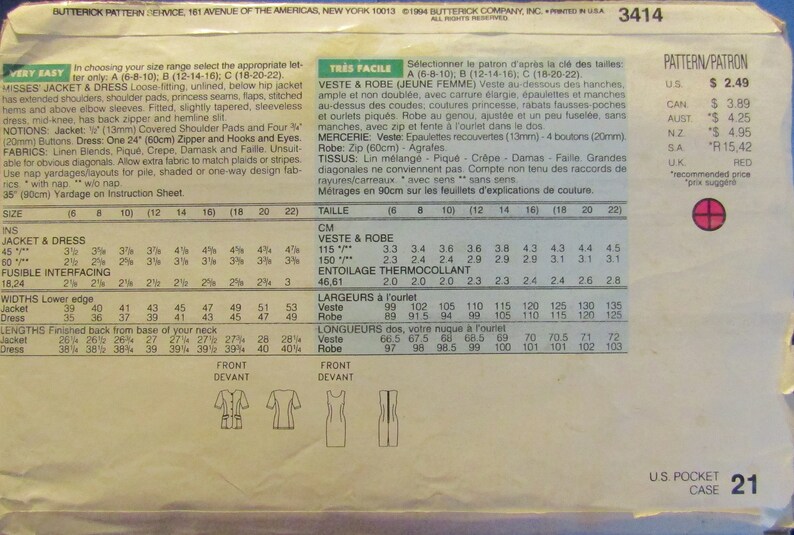 See /& Sew Butterick 3414 Misses Jacket and Dress Sewing Pattern Uncut