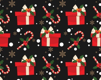 Christmas Fabric - Candy Cane Gift Black Fabric, Fabric By The Yard, 100% Cotton