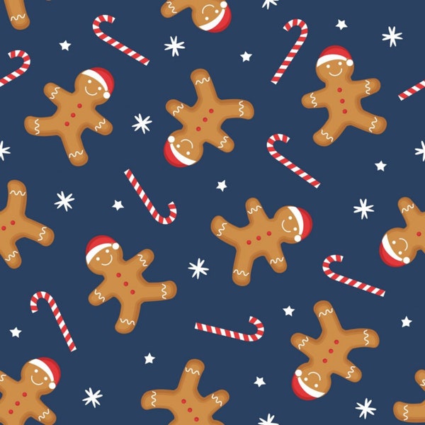 Christmas Fabric - Gingerbread Shuffle Navy Fabric, Fabric By The Yard, 100% Cotton