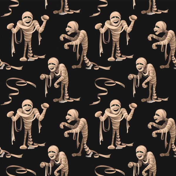 Halloween Fabric - Terrifying Mummy Allover on Black Fabric, 100% Cotton