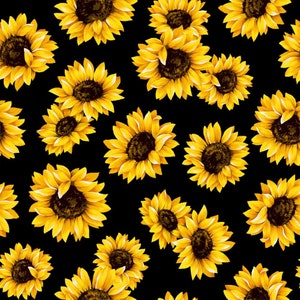 Sunflowers on Black, Fabric By The Yard, 100% Quilt Cotton