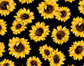 Sunflowers on Black, Fabric By The Yard, 100% Quilt Cotton