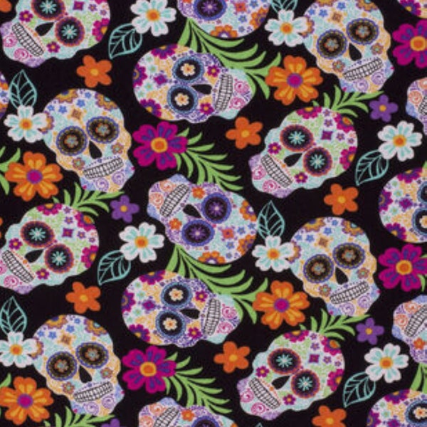 Tropical Sugar Skulls Fabric, 100% Cotton, Fabric By The Yard, Skull Fabric, Black Fabric, Day of the Dead Fabric