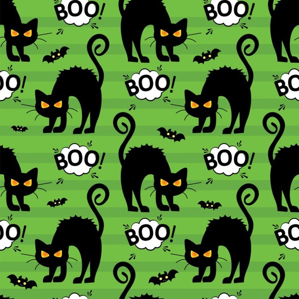 Halloween Fabric - Angry Cat Allover Green Fabric, 100% Cotton