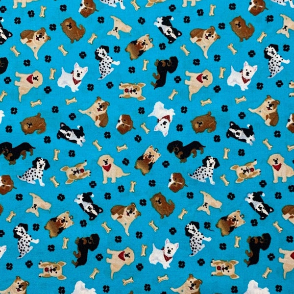 Tossed Pups on Teal Fabric, 100% Cotton Fabric, Fabric By The Yard, Animal Fabric, Dog Fabric, Dog Bone Fabric