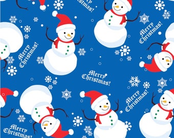 Christmas Fabric - Merry Christmas Snowman On Blue Fabric, Fabric By The Yard, 100% Cotton