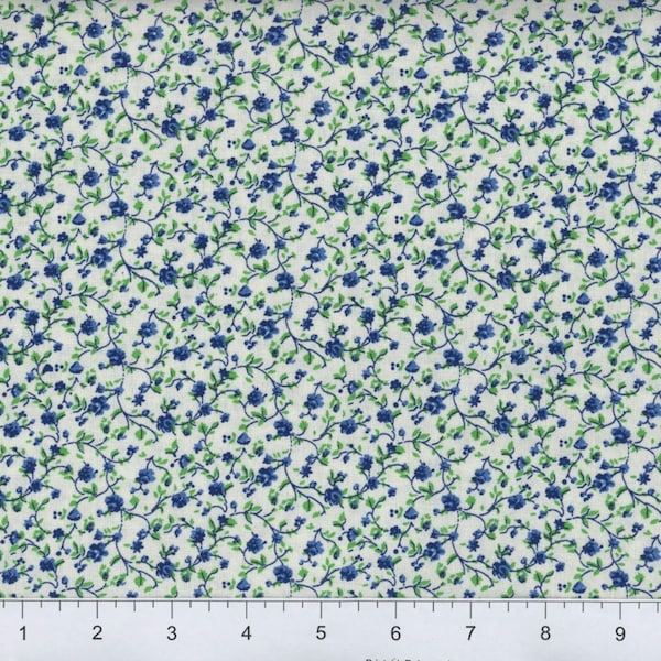 Blue & White Calico, 100% Quilt Cotton, Fabric By The Yard, Vintage Look Floral