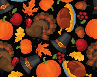 Thanksgiving Fabric - Pilgrims Feast on Black Fabric, 100% Cotton