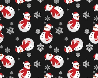 Christmas Fabric - Smiling Snowmen on Black Fabric, Fabric By The Yard, 100% Cotton