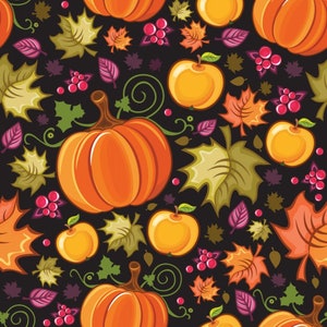 Hello Fall on Black, Thanksgiving Fabric by the Yard, 100% Quilt Cotton