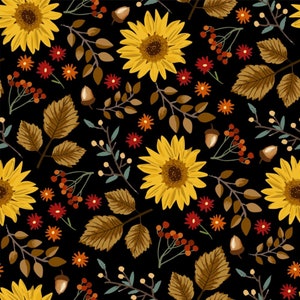 Fall's Splendor on Black, Thanksgiving Fabric by the Yard, 100% Quilt Cotton, Sunflower