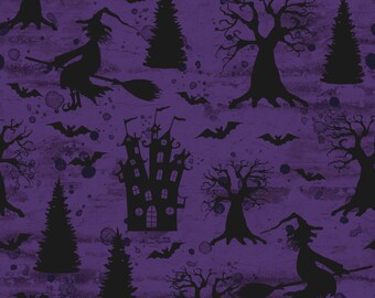 STORE CLOSING SALE - Halloween Fabric - Witches House Allover Purple Fabric, 100% Cotton Quilt Fabric