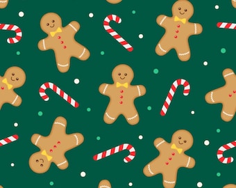 Christmas Fabric - Gingerbread Dance on Green Fabric, Fabric By The Yard, 100% Cotton