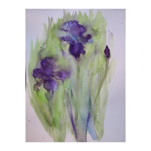 Dark Purple Irises Watercolor & Ink/ Signed Art /Original Watercolor Painting 10&quot;x14&quot; Floral Wall Art / Impressionist Original ~Not a print