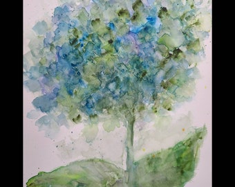 Hydrangea Floral Watercolor Painting, Blue Green Purple Hues, 9x12