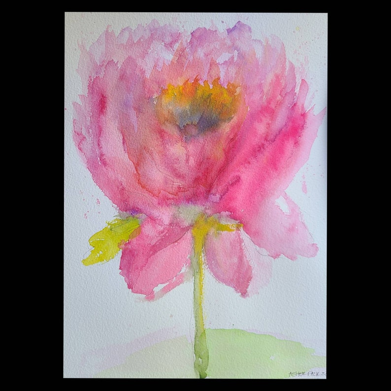 Original Pink Peony Watercolor Painting, Floral Impressionist Art, 9x12 image 2