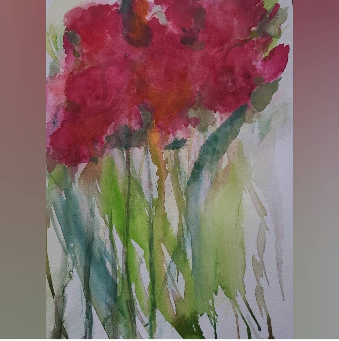 Dark Red Roses Signed Original Watercolor Painting 9x12 Inch Vertical ...