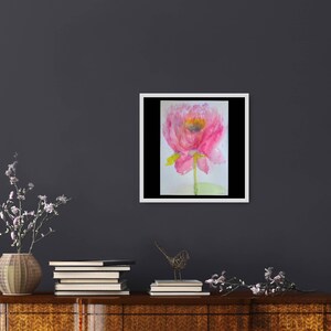 May include: A watercolor painting of a pink flower with a yellow center. The flower is painted in a loose, impressionistic style.