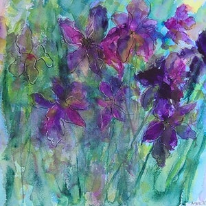 Deep Purple Irises Abstract Original Watercolor 12&quot;x9&quot;  Floral Wall Artist Signed / Iris original art/ Impressionist Watercolor ~Not a Print